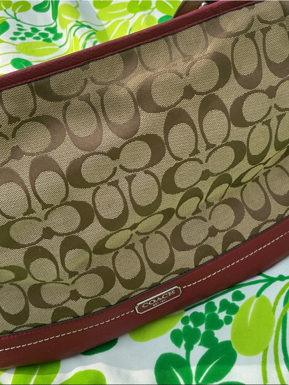 Coach Tote Handbag Park Signiture Carrier J1321-F23297 Large Khaki Red Leather - Picture 6 of 17